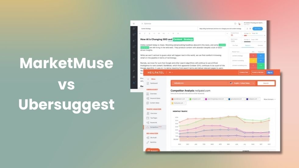 A post thumbnail showcasing two screenshots of marketmuse and ubersuggest. marketmuse vs ubersuggest
